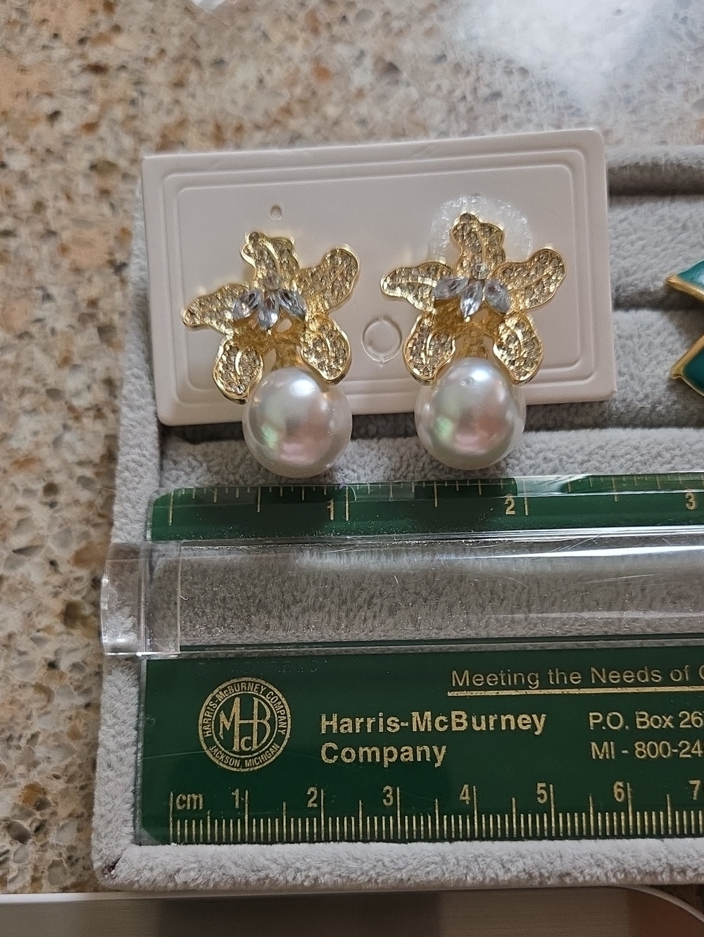 Gold Flower Pearl Drop Earrings with Clear Crystals Like Rhinestone - Picture 16 of 16
